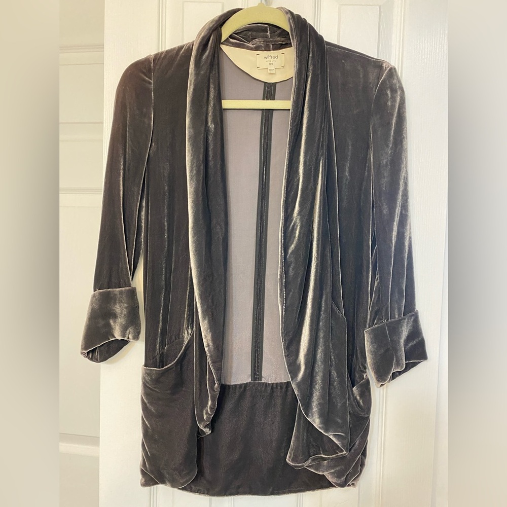 Wilfred Velvet Open Front Jacket 0 grey Viscose Silk 3/4 rolled sleeves career